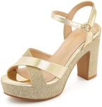 hingswink Womens Sparkly Platform Dress Sandals for Women Chunky Block Heel 3.8 Inch High Heels Open Toe with Strap for Women Comfortable Sexy Dressy Prom Wedding Party Evening Shoes, Gold, 7.5