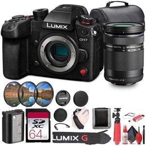 Panasonic Lumix GH7 Mirrorless Camera (DC-GH7BODY) + Olympus 40-150mm f/4-5.6 R Lens + 64GB Card + Photo Editing Software+ Bag + DMW-BLK22 Battery + Card Reader + Charger + More