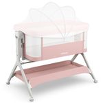 INFANS 5 in 1 Baby Bassinet, Upgraded Rocking Bedside Sleeper with Wheels, Storage Basket, Travel Bag, Mosquito Net, Height Adjustable, Portable All Mesh Crib for Newborn/Infant (Pink)