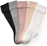 CozyWay Ruffled Baby Knee High Socks for Girls, 5 Pack, Neutral Pastels, 6-12 Months Old