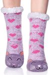 Womens Super Soft Cute Cartoon Animal fuzzy Cozy Non-Slip Winter Slipper Socks, A-light Purple Cat, One Size