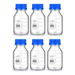 Bello Borosilicate Glass reagent bottle 50ml with leak proof Blue Screw Cap pack of 6 for glassware wide mouth chemical bottles for lab, laboratory, kitchen and professional use