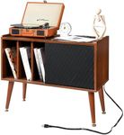 GarveeHome Record Player Stand with Vinyl Storage, Record Player Table Holds Up to 300 Albums, Turntable Stand with Charging Station, CD Storage Cabinet, End Table for Living Room