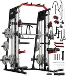 GarveeLife Smith Machine Home Gym All in One, 2200LBS Squat Rack Power Cage with Smith Bar, Lat Pull-Down, Cable Systems, Leg Hold-Down and More Attachments, Workout Equipment (Red Black)