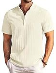 COOFANDY Mens Short Sleeve Henley Shirts Casual Summer Band Collar Beach Textured Shirt for Men Beige L