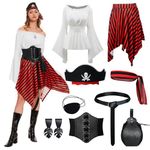 Womens Pirate Costume Renaissance Shirt Dress with Head Scarf Waist Belt Medieval Costume Accessory Sets (White, X-Small)