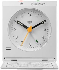 Braun Classic Analogue Travel Alarm Clock with Snooze and Light, Iconic Design, Compact Size, Folding Lid with World Time Zone Map, Quiet Quartz Movement, Crescendo Beep Alarm in White, model BC05W