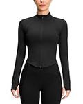 QUEENIEKE Women's Sports Jacket Slim Fit Crop Running Jackets Full Zip Front Yoga Tops with Thumb Holes Black M