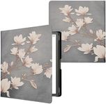 kwmobile Case Compatible with Amazon Kindle Scribe Case - PU Cover w/Strap - Magnolias Taupe/White/Blue Grey