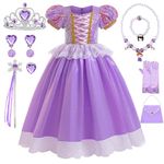 Sofia Rapunzel Costume for Girls,Rapunzel Princess Dress with Crown Fairy Wand Necklace for Halloween Carnival Cosplay Party