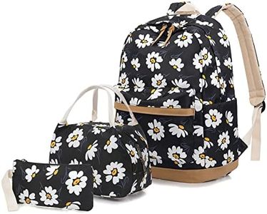 Flowers Backpack Kids School Bag 3-in-1 Bookbag Set, Junlion Laptop Backpack Lunch Bag Pencil Case Gift for Teen Girls Womens Daisy Black