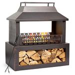 VonHaus Outdoor Fireplace, Fire Pit with Log/Wood Store for Garden, Patio, Fuel with Wood, Logs, Charcoal, Brushed Metallic Finish, Geometric Design, Steel, Weather Resistant, Includes Fire Poker