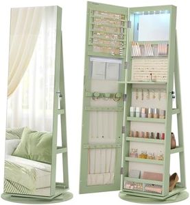 SONGMICS 6 LEDs Lockable Mirror Jewelry Cabinet, 360° Swivel Jewelry Organizer Armoire Standing, Frameless Full-Length Mirror, 3 Storage Shelves, Laurel Green Surface, Cream White Lining UJJC007C01