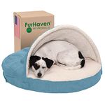 FurHaven 26" Round Orthopedic Dog Bed for Medium/Small Dogs w/Removable Washable Cover, For Dogs Up to 30 lbs - Sherpa & Suede Snuggery - Blue, 26-inch