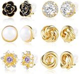 6 Pair Clip On Earrings for Women, 14K Gold Plated Twisted Rose Opal Cubic Zirconia Non Pierced Earrings, Hypoallergenic Clip Earrings