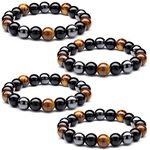 4 Pieces Bracelet Tiger Eye Beads Bracelet Lava Stone Essential Oil Diffuser Bracelets Stress Relief and Anxiety Bracelet, Healing Crystal Yoga Bracelet for Men Women(Basic Style)