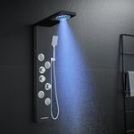 KINKIBOS Black Shower Panel Tower System with Thermostatic Mixer, 6-Function Shower Column with LED Rain＆Mist Shower, 4 Massage Jets, Handheld Shower and Tub Spout, 304 Stainless Steel