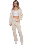 kraftd Womens Tracksuit Fleece Wide Leg Trouser & Zipper Oversized Bomber Style Sweatshirt Sets | Co-ord Set | Coordinated Outfit | Lounge Wear | 2 Pieces Suit (Oatmeal, S/M)