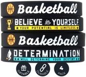 (4-Pack) Basketball Silicone Bracelets with Motivational Sports Quotes - Set of 4 Inspiring Silicone Rubber Wrist Bands - Unisex Basketball Gifts Jewelry Accessories for Men And Women