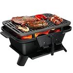 TANGZON Cast Iron BBQ Grill, Portable Pre-Seasoned Charcoal Grill Stove with Double Sided Grill Grid, Air Control & Coal Door, Indoor Outdoor Hibachi-Charcoal Grill for Camping Picnic Party