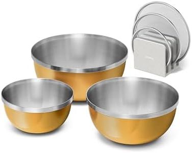 Caraway 7-Piece Mixing Bowl Set with Lids and Lid Storage Organizer - 6 qt, 4 qt, 2 qt Stainless Steel Bowls with Tempered Glass Lids - Non-Toxic, PFAS-Free - Marigold