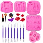 Woohome 14 PCS Makeup Theme Silicone Moulds, 5 PCS Lipstick Fondant Candy Mould 3D Fondant Cake Mould for Resin and 9 PCS Cake Carving Tools for Resin Clay Chocolate Pudding, Candy