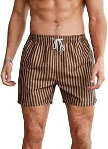 WDIRARA Men's Drawstring Waist Quick Dry Swim Trunks Striped Print Pocket Shorts Brown M