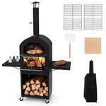 TANGZON Outdoor Pizza Oven, Wood-fired Pizza Maker with Waterproof Cover, Built-in Thermometer, Patio Cooking Grill for Camping Backyard BBQ (with Side Storage Shelves, 116 x 44 x 170 cm)
