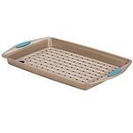 Rachael Ray Cucina Nonstick Bakeware Set with Grips, Nonstick Cookie Sheet/Baking Sheet and Crisper Pan - 2 Piece, Latte Brown with Agave Blue Handle Grips