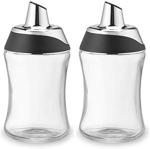 J&M Design 2-Pack Sugar Dispenser & Shaker For Coffee, Cereal, Tea & Baking with Pour Spout and Lid for Easy Spoon Measuring Pouring - 7.5oz Glass Jar Container - Coffee Bar Accessories & Essentials