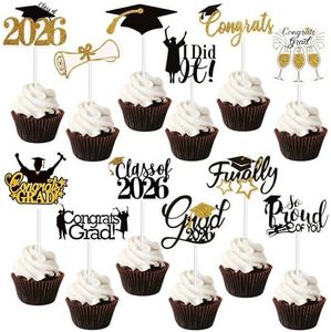 Graduation Cupcake Toppers 2026-72Pcs Congrats Grad Dessert Decorating Kit, Black Gold Glitter Assorted Design Paper Cake Toppers for Class of 2026 Graduation Themed Parties Decorations Supplies