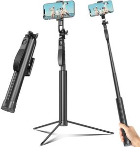 72-inch Metal Tripod and Selfie Stick for Cell Phone and Camera, Portable Travel Tripod Stand, Rechargeable Remote, 360° Rotation, Compatible with iPhone & Android and Camera, Black