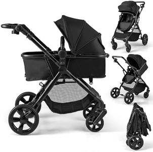 COSTWAY 2 in 1 Baby Pushchair, Foldable Travel System Pram with Reversible Seat, Adjustable Canopy & Handle, Storage Basket, Cup Holder, Lightweight Infant Stroller for 0-36 Months (Black)
