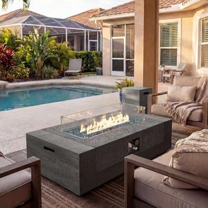 UPHA 50-inch Outdoor Patio Propane Gas Fire Pit Table 50000 BTU Concrete Round Firepit with ABS Tank Hidden Table, Wind Guard, Blue Glass Rocks, Rain Cover, Gray Wood Finish