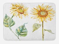 Ambesonne Watercolor Bath Mat, Alluring Sunflowers Summer Inspired Design Agriculture, Plush Bathroom Decor Mat with Non Slip Backing, 29.5 W X 17.5 W Inches, Earth Yellow Pale Yellow Fern Green