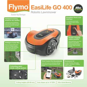 Flymo EasiLife GO 400 Robotic Lawn Mower – App Control, 400m², Orange/Grey