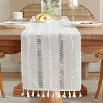 AUAUY Table Runner with Handmade Tassels, Boho Style Beige Weave Stripes Polyester Fabric Table Runner, Macrame Table Decoration for Holiday Party Dining Wedding and Everyday Use(33x180cm)