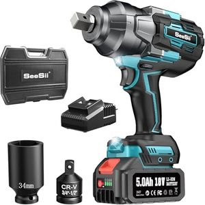 Seesii Cordless Impact Wrench, 1180Ft-lbs(1600N.m) High Torque Impact Gun 3/4", Brushless Impact Wrench w/ 5.0Ah Battery & Fast Charger, Electric Impact Wrench for Truck, Heavy-duty Project, WH1000