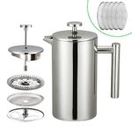 French Press Coffee Maker 12oz, 304 Stainless Steel Double Wall Insulated Thermal Coffee Press 350ML, Included 5 Extra Filter Screens 0.35 Litre Cafetiere 1-2 Cups, Silver