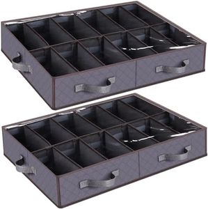 Anyoneer Under Bed Shoe Storage Organizer, Set of 2, Sturdy Structure, Adjustable Dividers, Reinforced Handle, Sturdy Zipper, Underbed Storage Solution with Clear Window, Breathable, Gray