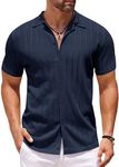 COOFANDY Mens Button Down Knitted Crochet Shirts Casual Vintage Summer Beach Waffle Hollowed Out Shirts Dark Navy Blue