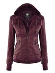 Lock and Love LL WJC663 Womens Removable Hoodie Motorcyle Jacket, Wjc664_wine, S