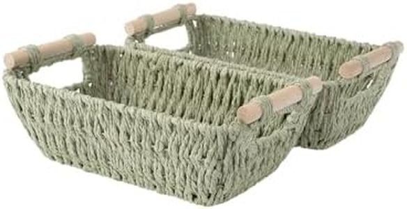 StorageWorks Round Paper Rope Woven Basket with Wooden Handles for Gifts, Small Woven Baskets for Bathroom, Bosana Green, 2-Pack