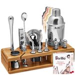 Elite Mixology Bartender Kit Cocktail Shaker Set by barillio: Drink Mixer Set with Bar Tools, Sleek Bamboo Stand, Velvet Carry Bag & Recipes Booklet