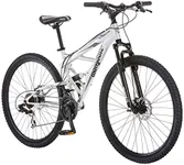 Mongoose Impasse Full Suspension Mountain Bike, Men and Women, 18-Inch Aluminum Frame, 29-Inch Wheels, Front and Rear Disc Brakes, Twist Shifters, 21-Speed Rear Deraileur, Silver