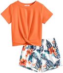 Arshiner Girls 2 Piece Outfits Short Sleeve Orange Twist Wrap Top and Cute Floral Print Shorts Set Summer Clothes 5-6 Years