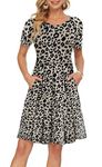 AUSELILY Summer Dresses for Women UK Short Sleeve Pleated Loose Swing Casual Dress with Pockets Knee Length Leopard L