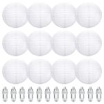 12PCS White Paper Lantern, 20cm Round Paper Lanterns with White Mini Led Lights Hanging Decorations Ball Lanterns Lamps for Garden Deco, Night Parties, Garden, Family Celebrations