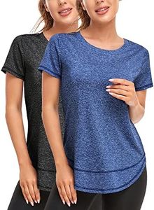 Abrooical Women's Short Sleeve Workout Shirts Crewneck Sports Yoga Running Dry Fit Tops Side Split Tee, Black/ Navy, Large