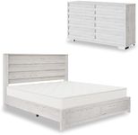 AMERLIFE 2-Piece Farmhouse Bedroom Set, King Size Bed Frame and 6 Drawer Dresser, Platform Bed with 49" Fluted Headboard, 54" Wide Wood Chest of Drawer for Bedroom, Distressed White